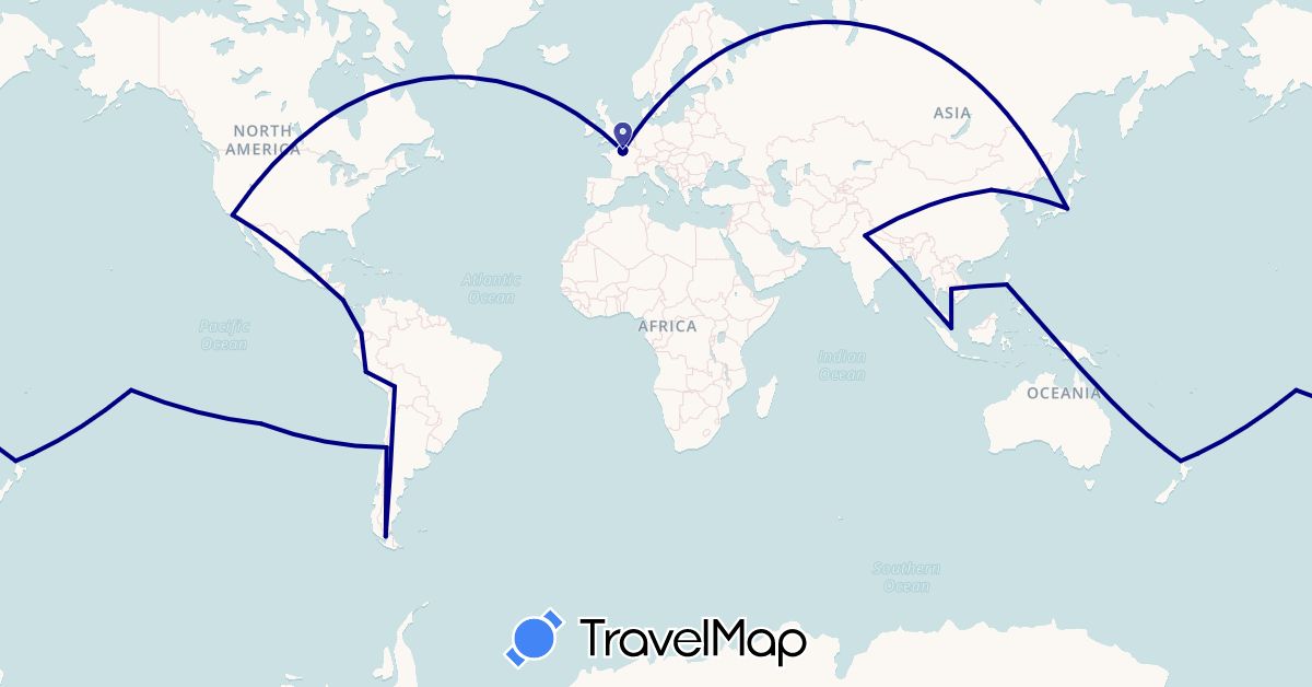 TravelMap itinerary: driving in Bolivia, Chile, China, Costa Rica, Ecuador, France, India, Japan, Cambodia, New Zealand, Peru, French Polynesia, Philippines, Singapore, United States (Asia, Europe, North America, Oceania, South America)